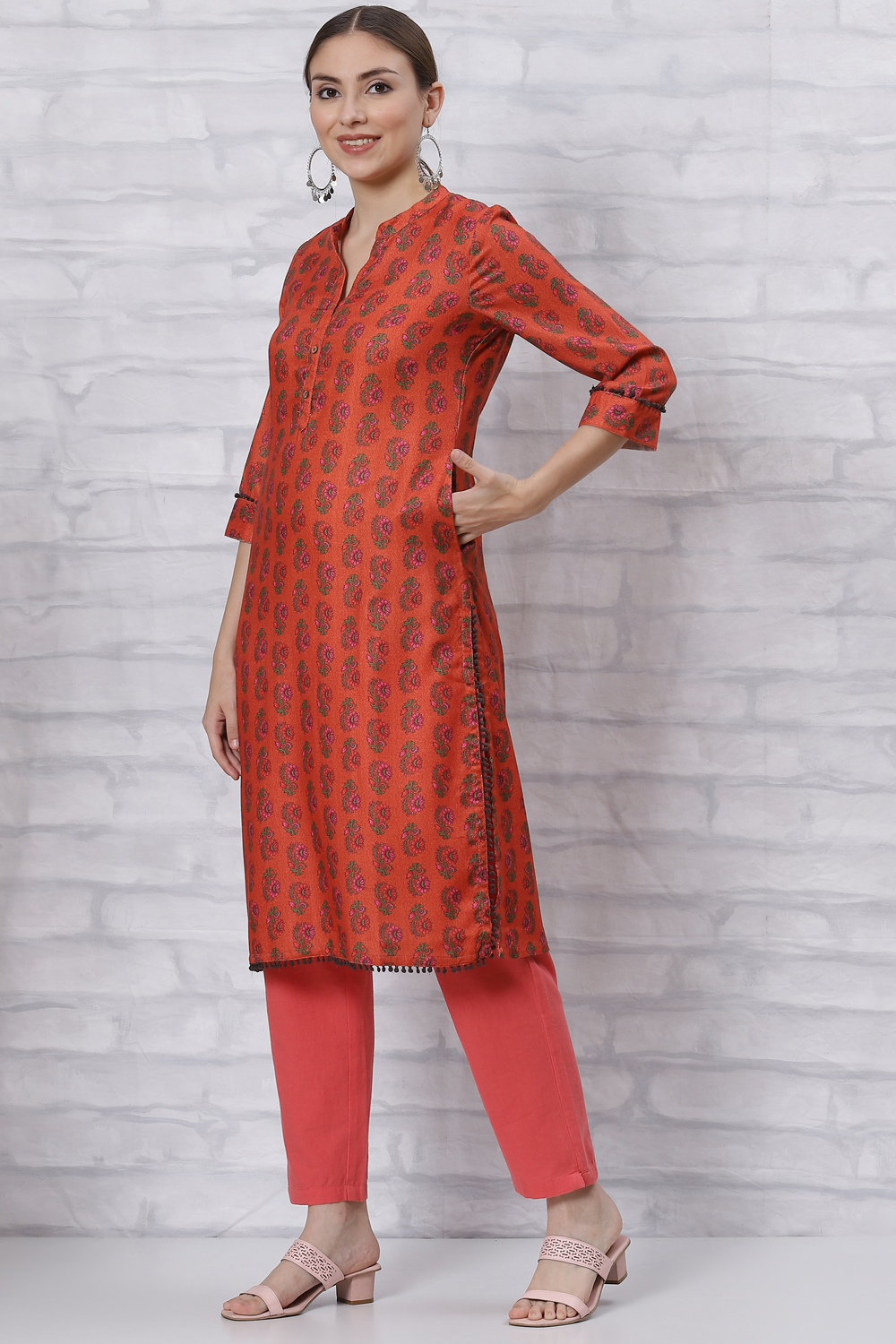 Red Poly Cotton Straight Kurta image number 2